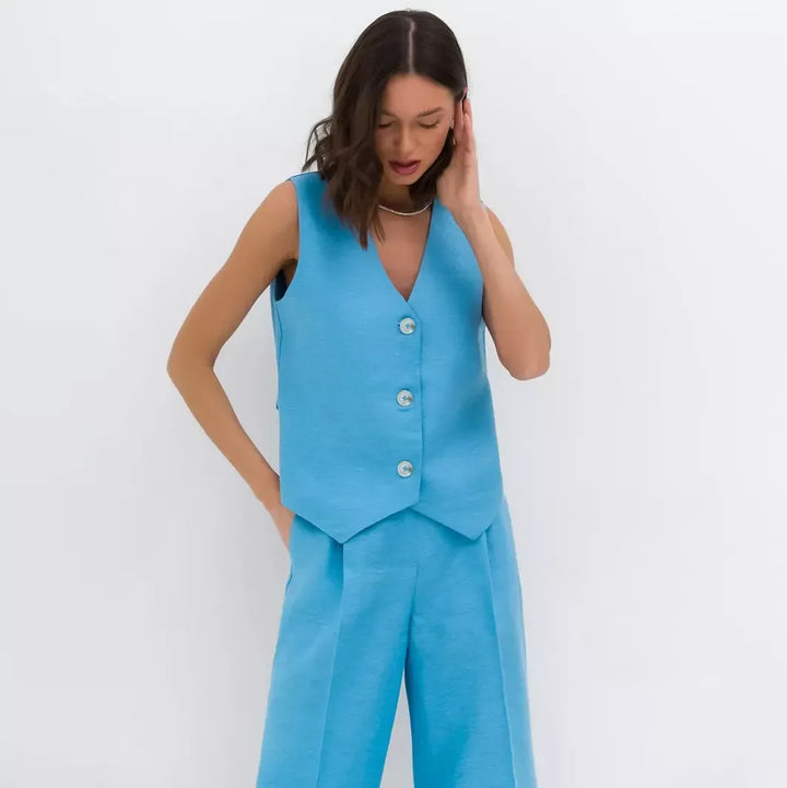 Cotton-Linen Blend Sleeveless Vest & Wide-Leg Pants Set