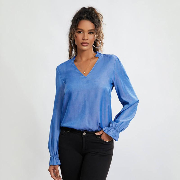 Elegant V Neck Long Sleeve Frill Top for Office Ladies