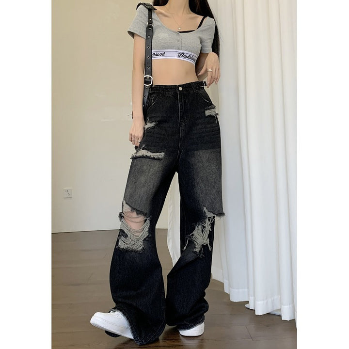 Women's American-style High Street Black Ripped Jeans