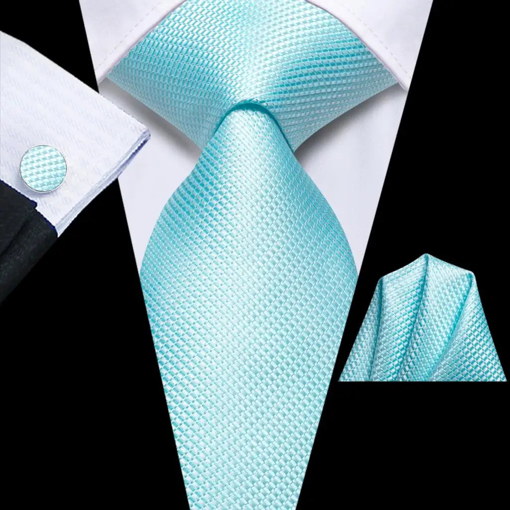 Men's Luxury Peacock Blue Plaid Silk Necktie Set with Cufflinks & Pocket Square