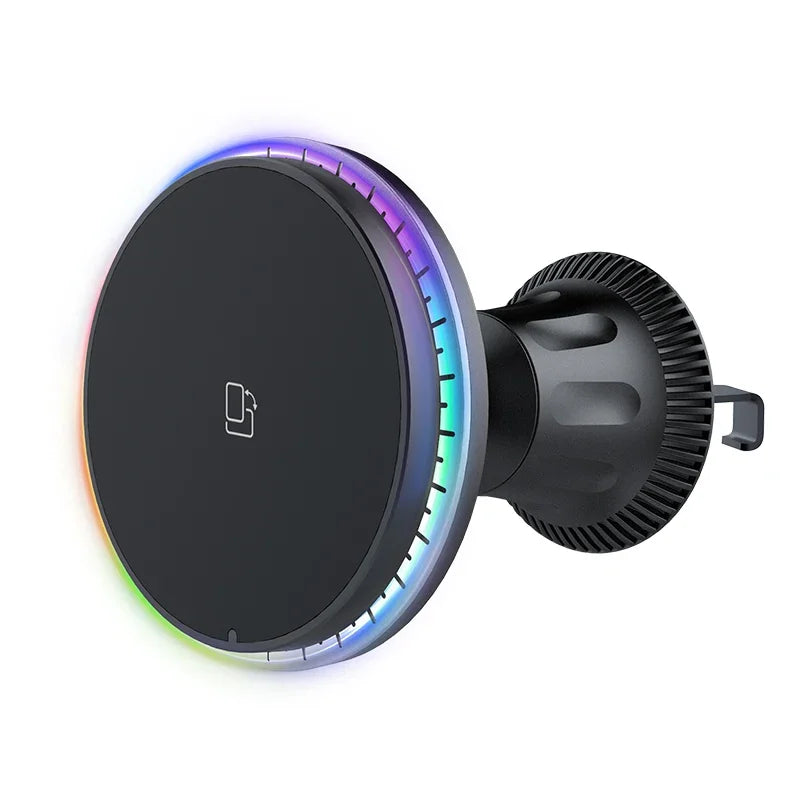 15W Strong Magnetic Car Wireless Charger with RGB Light for iPhone Car Phone Holder Air Vent Stand Fast Charging Dock Station