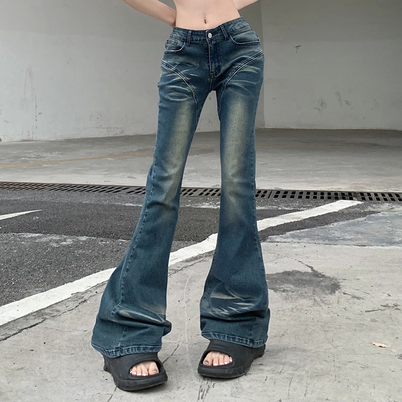 Cross-border Street Style Design Sense Gradient Split Splicing Flared Pants Spicy Girls High Waist Skinny Washed Jeans