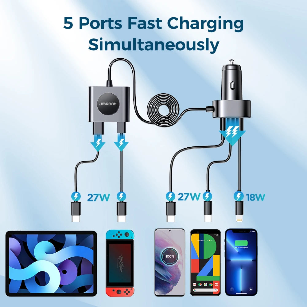 78W 5-Ports Car Charger with LED and Fast Charging USB C Adapter for Cars