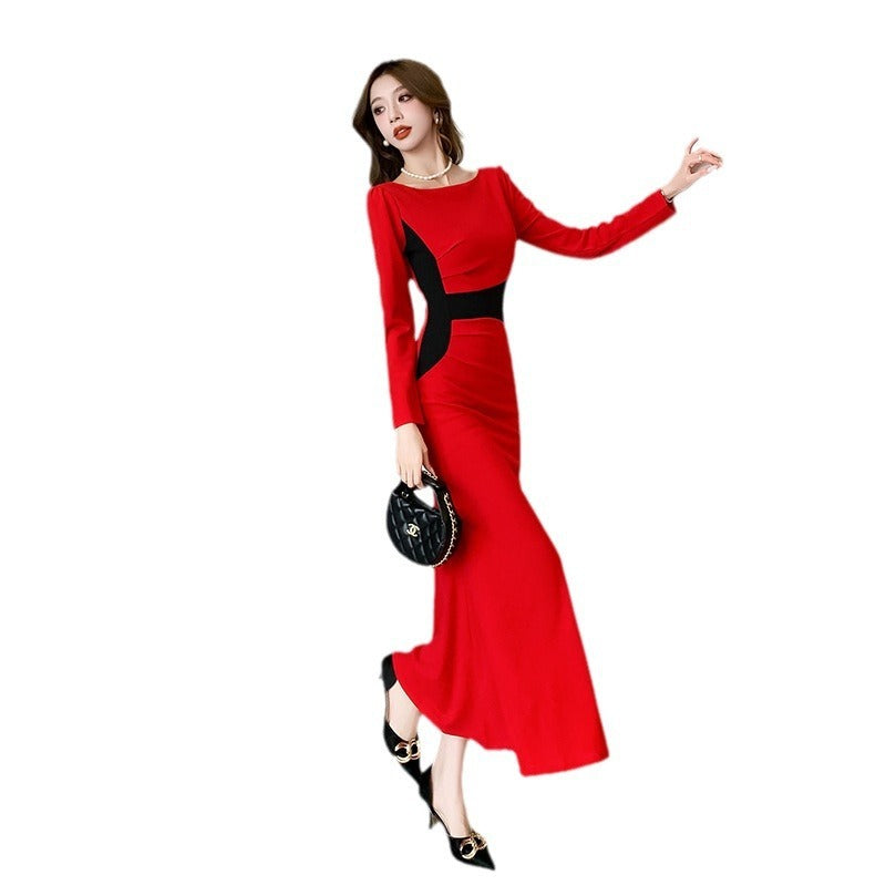 Women's High Class Elegant Contrast Color Slim Fit Dress Sheath Fishtail Dress