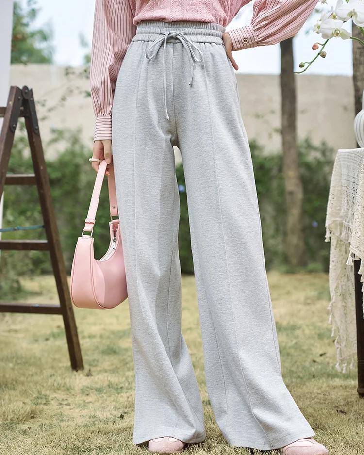 High-Waisted Wide Leg Casual Pants with Lace-Up Waist