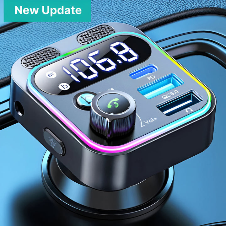 Bluetooth 5.3 FM Transmitter with Dual Mics & Deep Bass