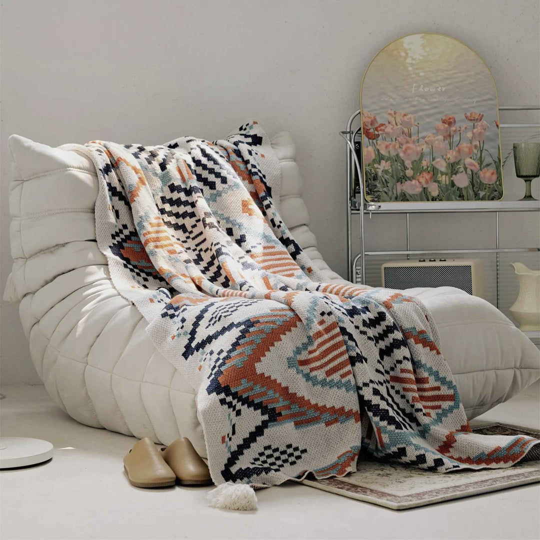 Boho Geometric Design Summer Thin Cotton Blanket for Bed and Sofa