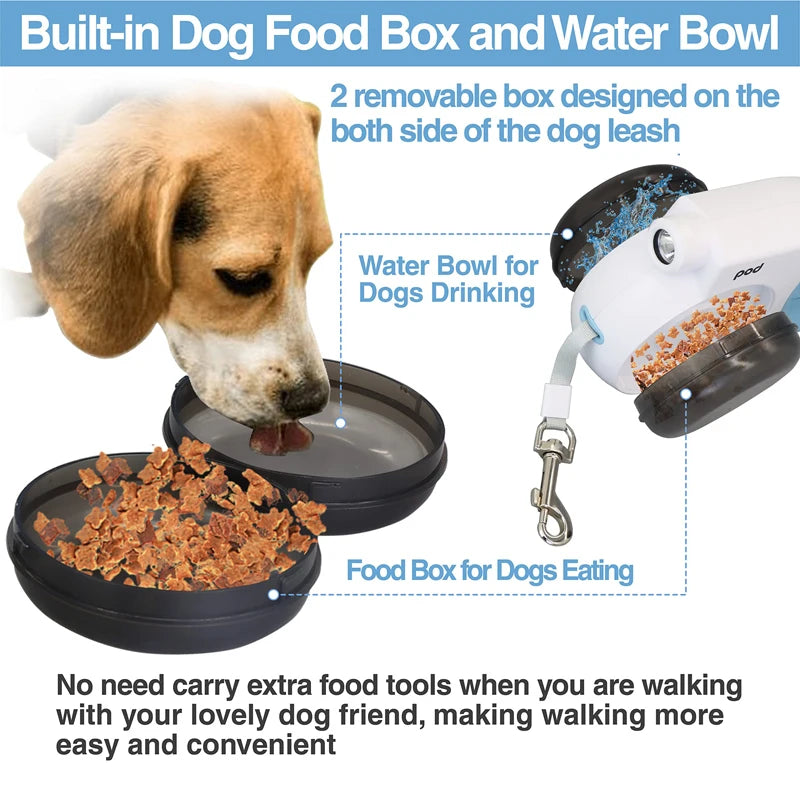 Retractable Dog Leash with Built-in Light, Water Bowl, and Food Box for Dogs up to 88lbs