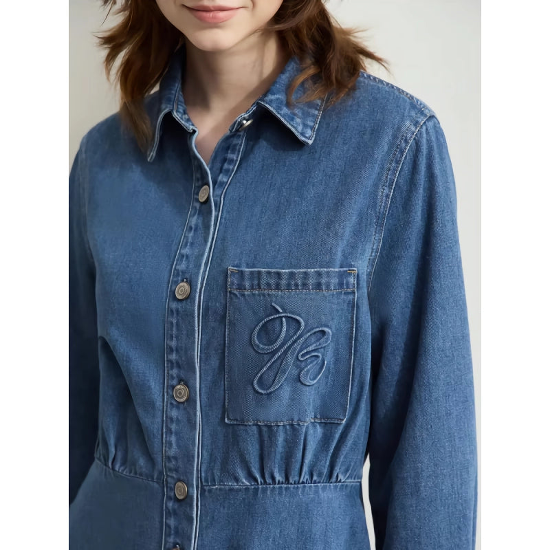 Denim Shirt Dress with Lapel Collar and Letter Embossing