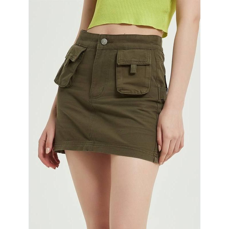 Green Denim High-Waist Pencil Skirt with Pockets