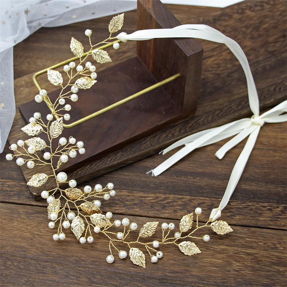 Pearl Flower Leaf Headband Crown – Elegant Bridal Wedding Hairpiece