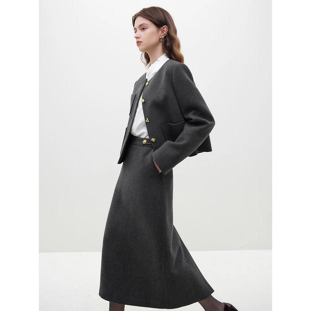 Korean Style Woolen Coat + Skirt Set for Stylish Women