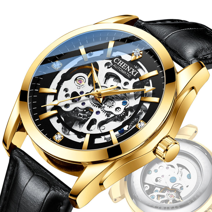 Automatic Mechanical Watch Male Leather Strap Hollow Luminous Waterproof Watch