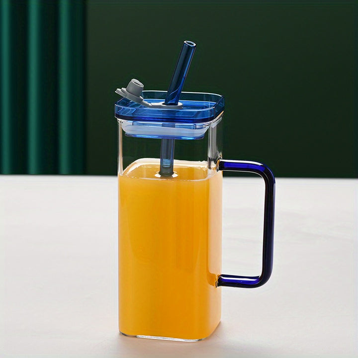 Square Glass Drinkware with Handle and Straw