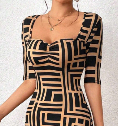 New Fashion Printed Square Collar Waist-tight Mid-sleeve Dress