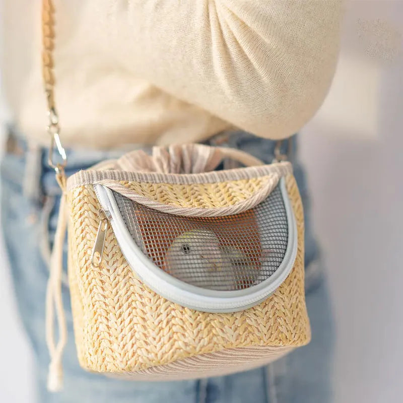 Portable Straw-Woven Parrot Backpack Cage