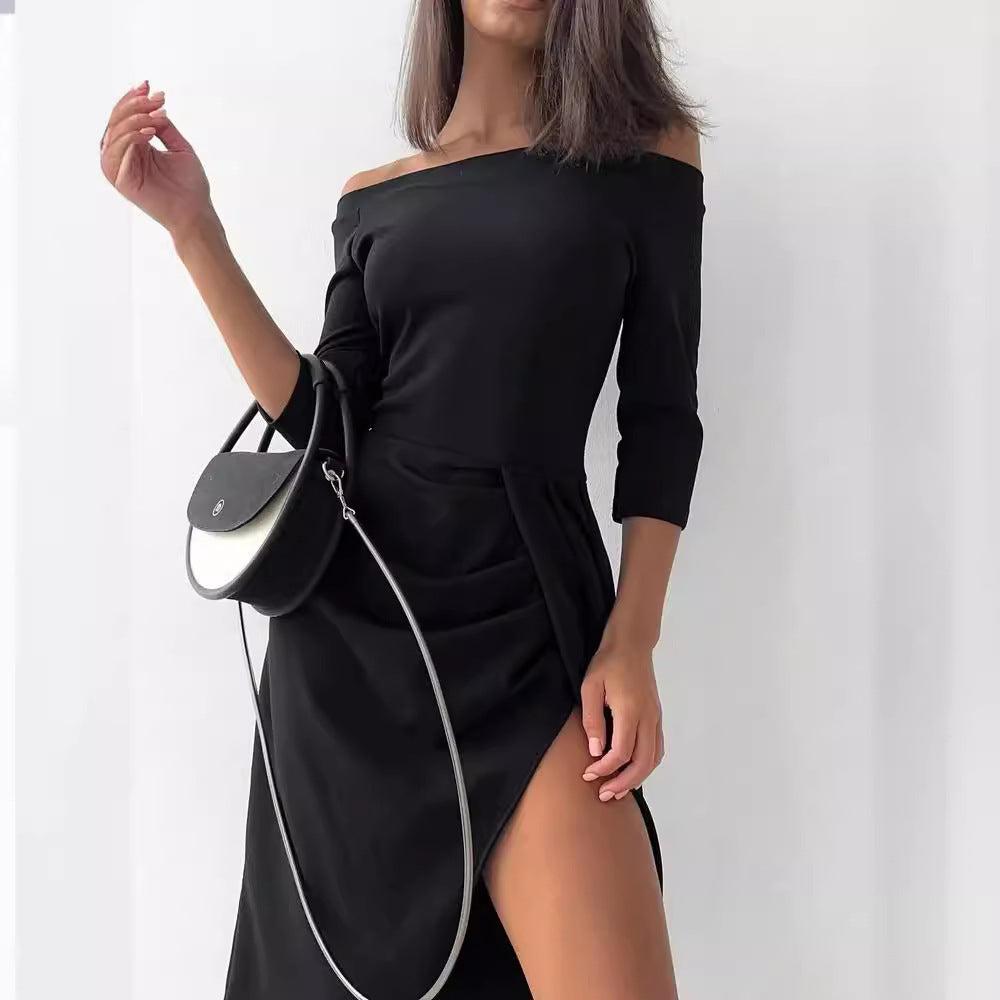 Women's Off-neck Long Sleeve Waist Slit Dress