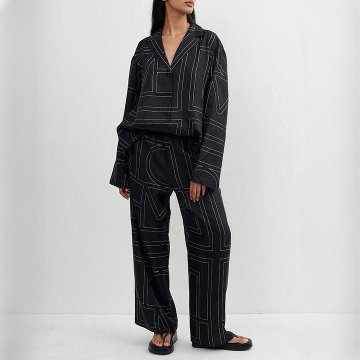 Women's Chic Geometric Print Pajama-Style Shirt and Trousers/Shorts Set