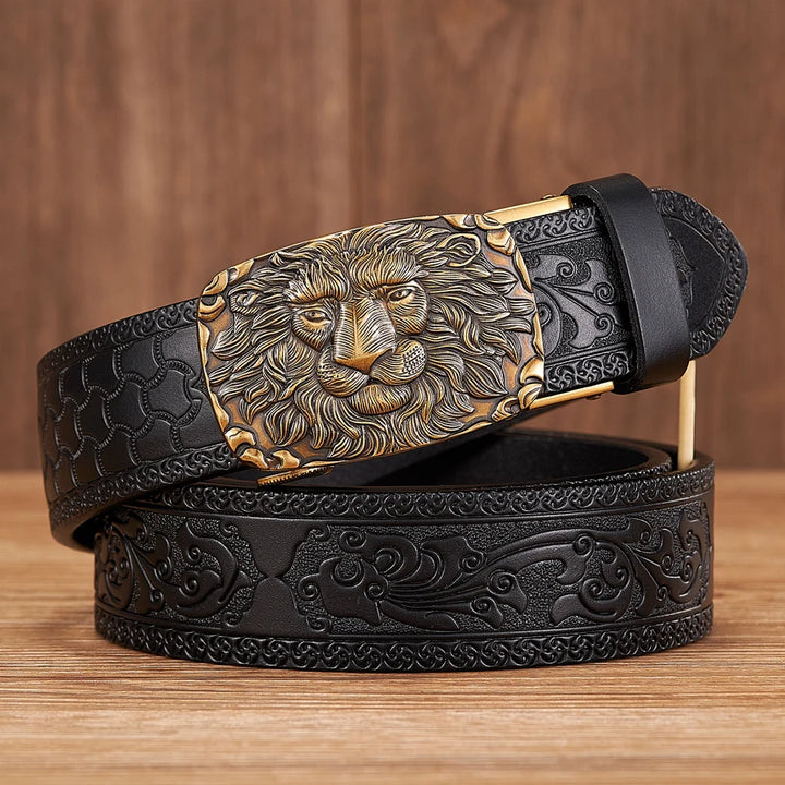 Men's 3.5CM Genuine Leather Belt with Lion Pattern & Automatic Buckle