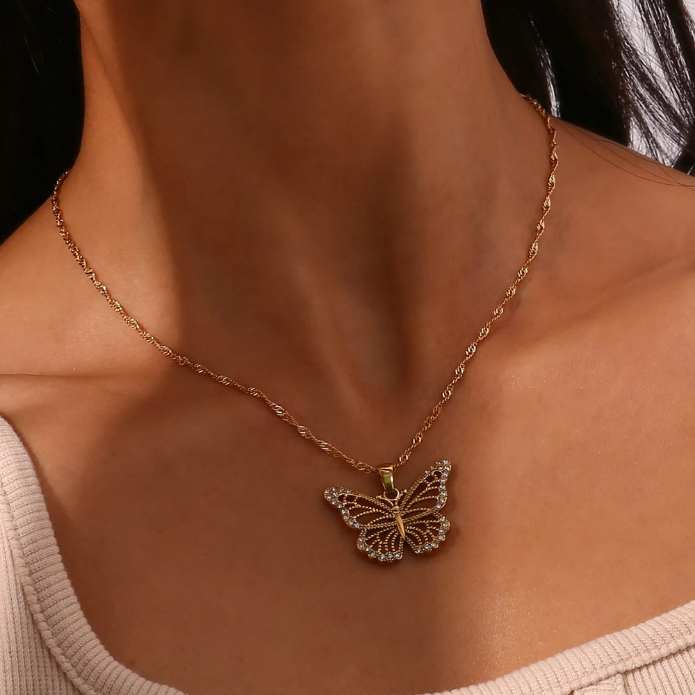 18K Gold Plated Butterfly Pendant Necklace with Zircon Crystals