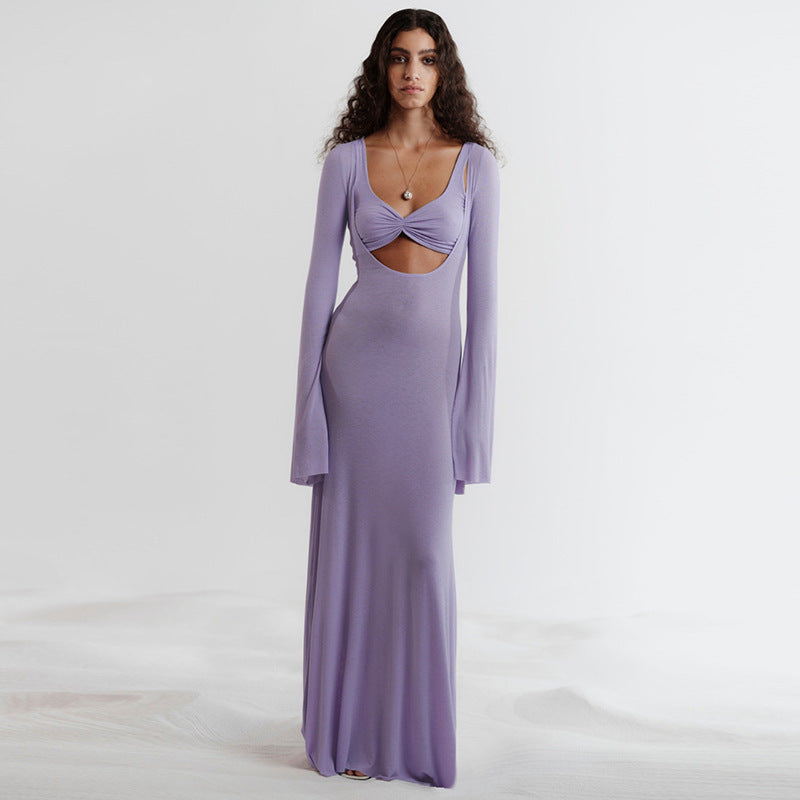 U-shaped Collar Long Sleeve Waist-tight Maxi Dress