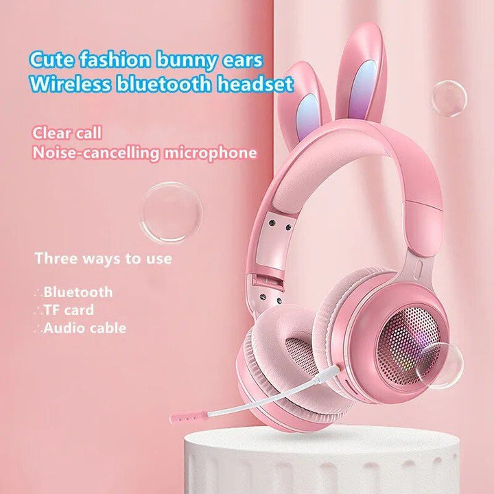 LED Bluetooth Rabbit Ear Headphones with Noise-Reduction Mic & TF Card Support