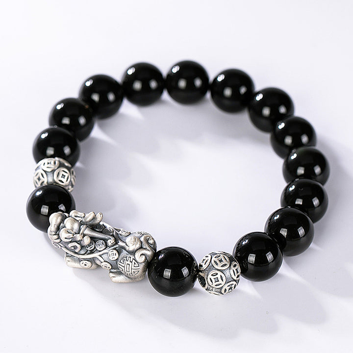 S925 Sterling Silver Obsidian Pixiu Bracelet Plain Silver Versatile Personality