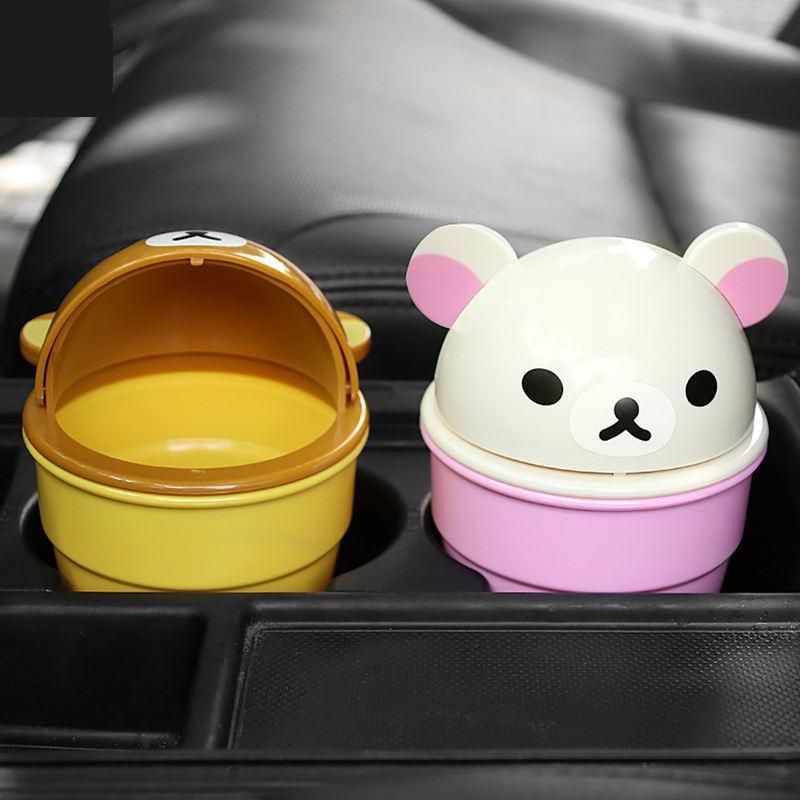 Cute Cartoon Bear Car Trash Can with Rolling Cover