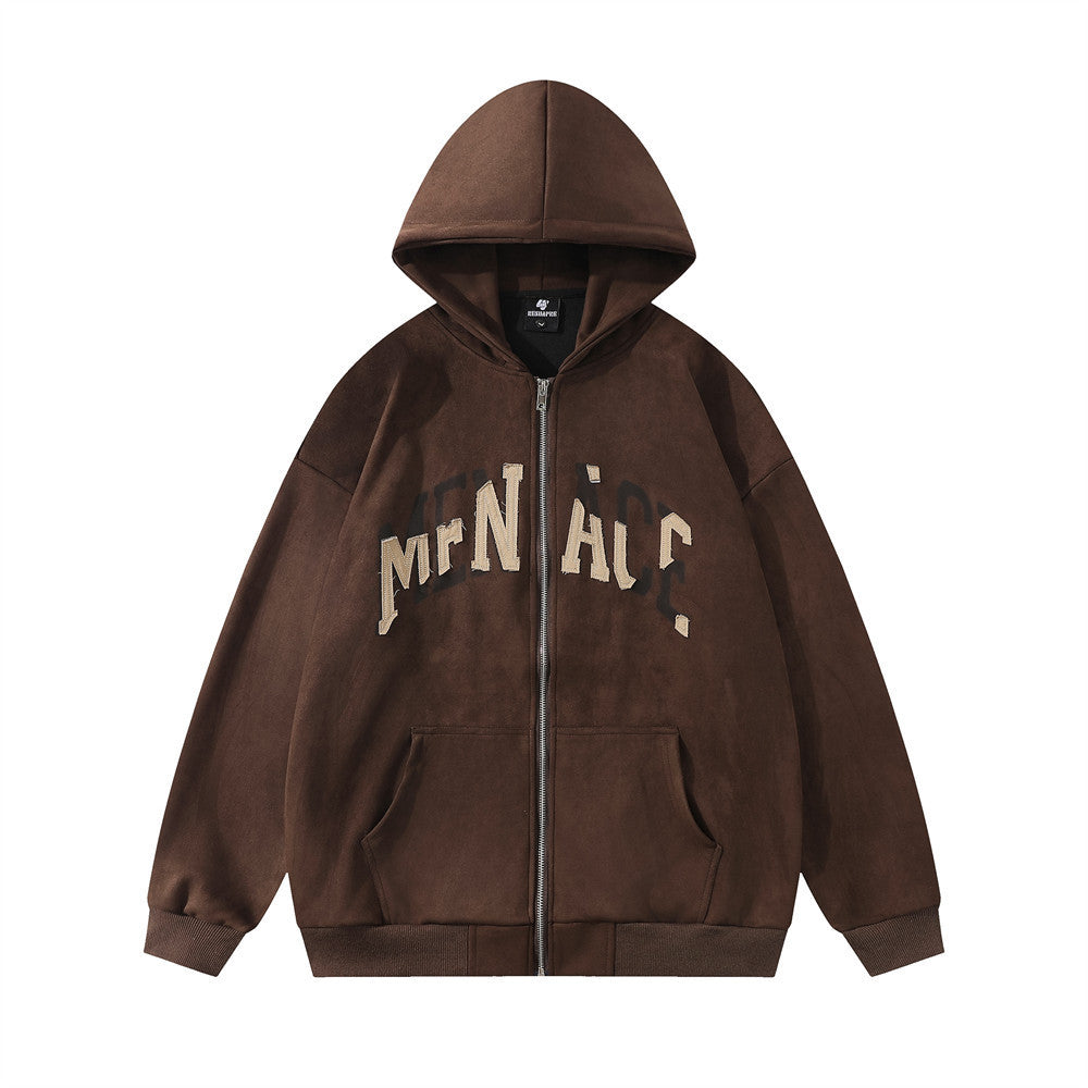 Design Patch Letter Hooded Loose Coat Men's Sweater