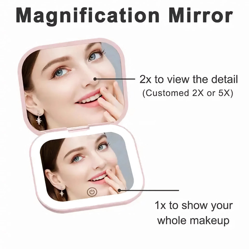 Compact LED Lighted Folding Makeup Mirror with 2X Magnification