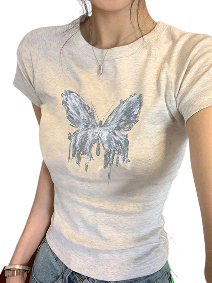 Butterfly Print Short Sleeve Shoulder Women's Summer