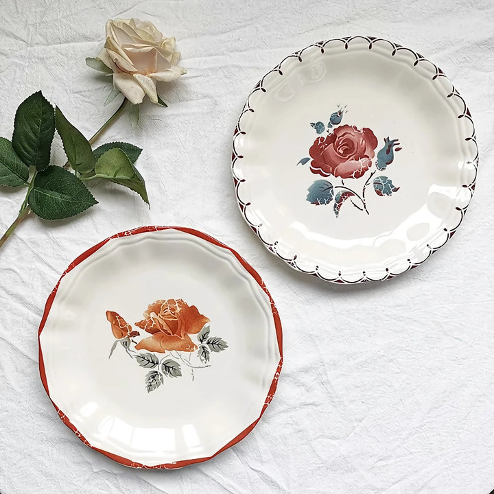 Retro Rose Ceramic Dinnerware – Elegant Floral Dessert and Snack Plate for Afternoon Tea and Home Dining