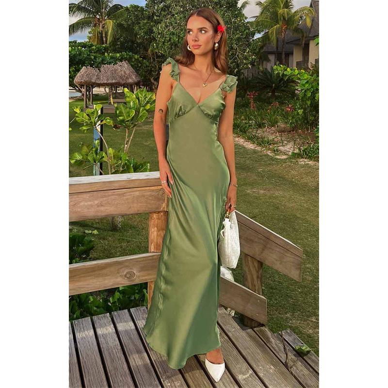 Elegant V-Neck Sleeveless Ruffle Maxi Dress with Backless Design