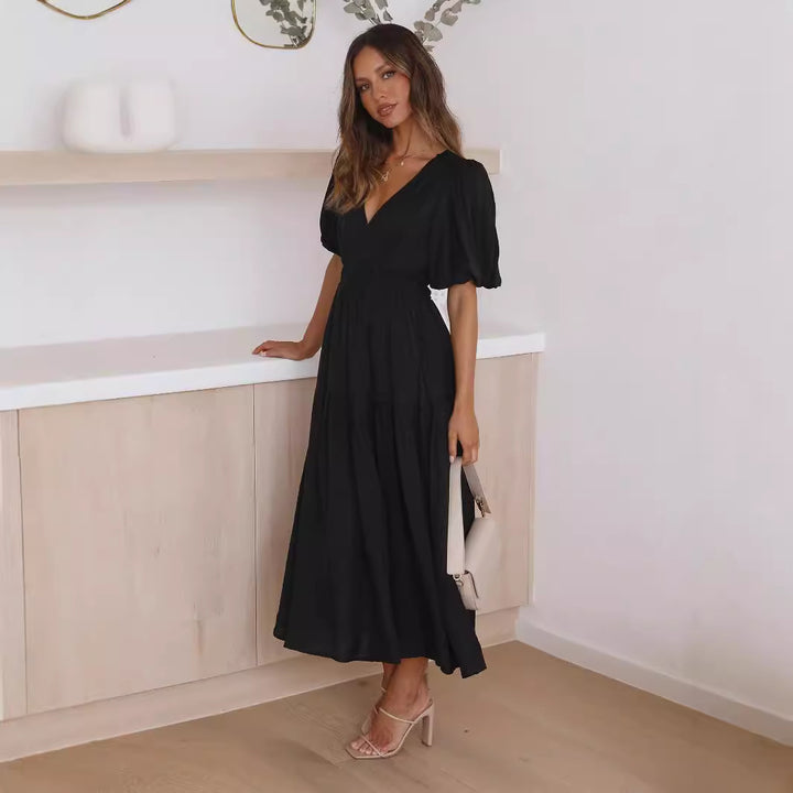 European And American Fashion Deep V Puff Sleeve Vacation Women's Dress