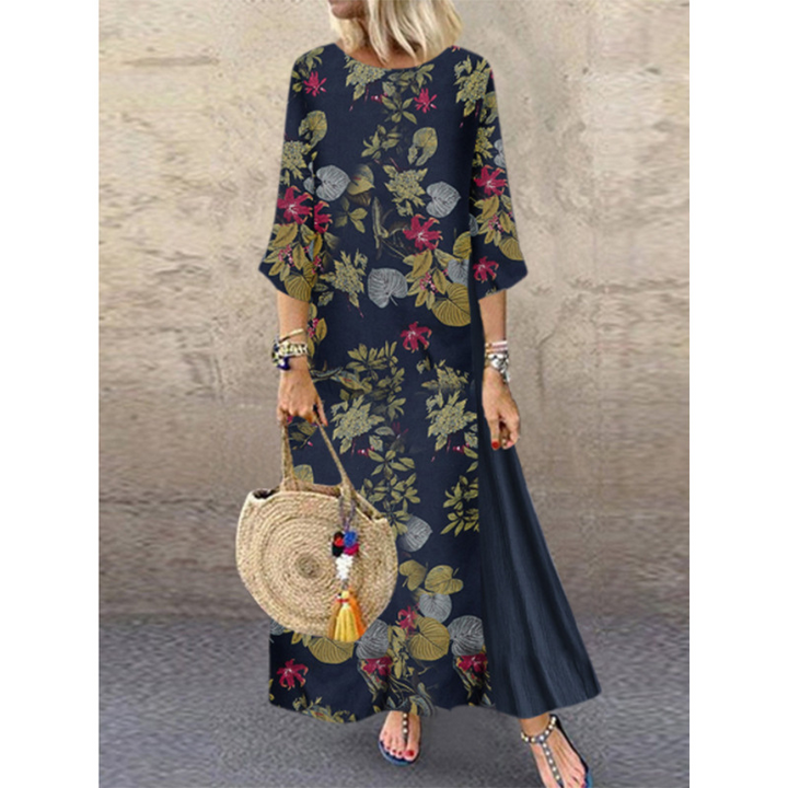 Femmes Floral Print O-Neck 3/4 Sleeve Casual Belted Maxi Robes