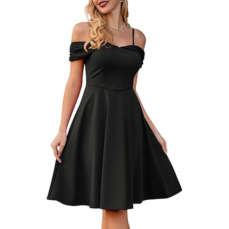 Retro Spaghetti Straps Off-shoulder Waist Sexy Dress