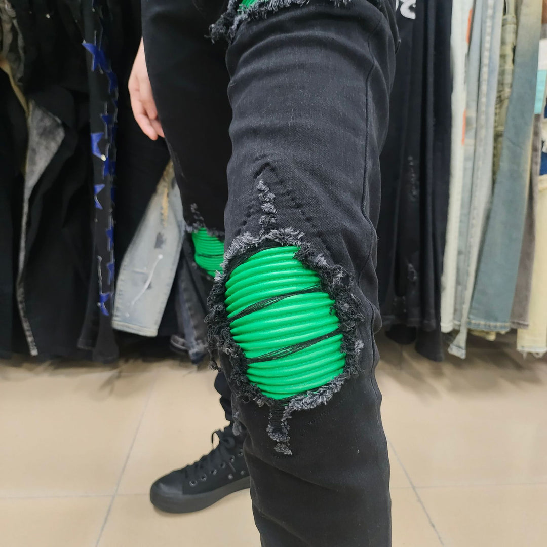 Black Ripped Jeans Men's Green Patchwork Patch Street