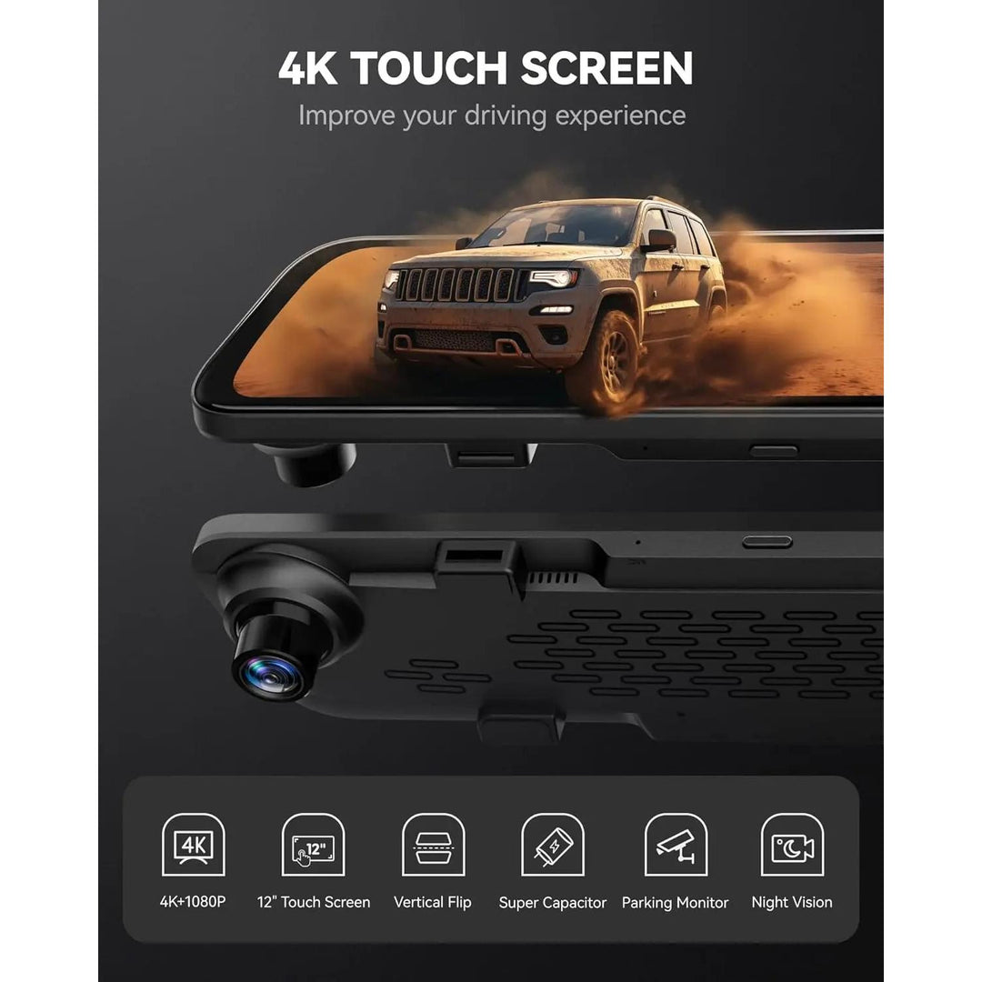 12" 4K Mirror Dash Cam with Dual Front and Rear Cameras