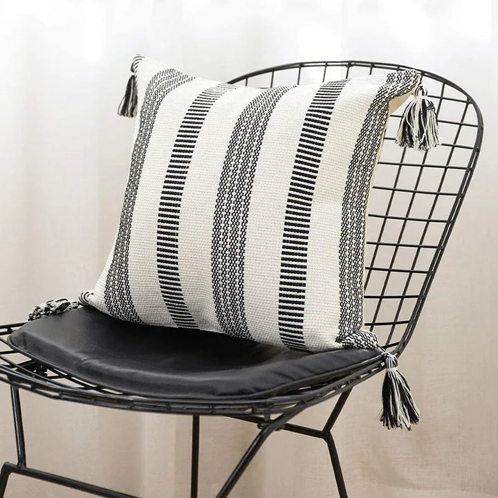 Elegant Black and White Cushion Cover 18x18 with Woven Tassels