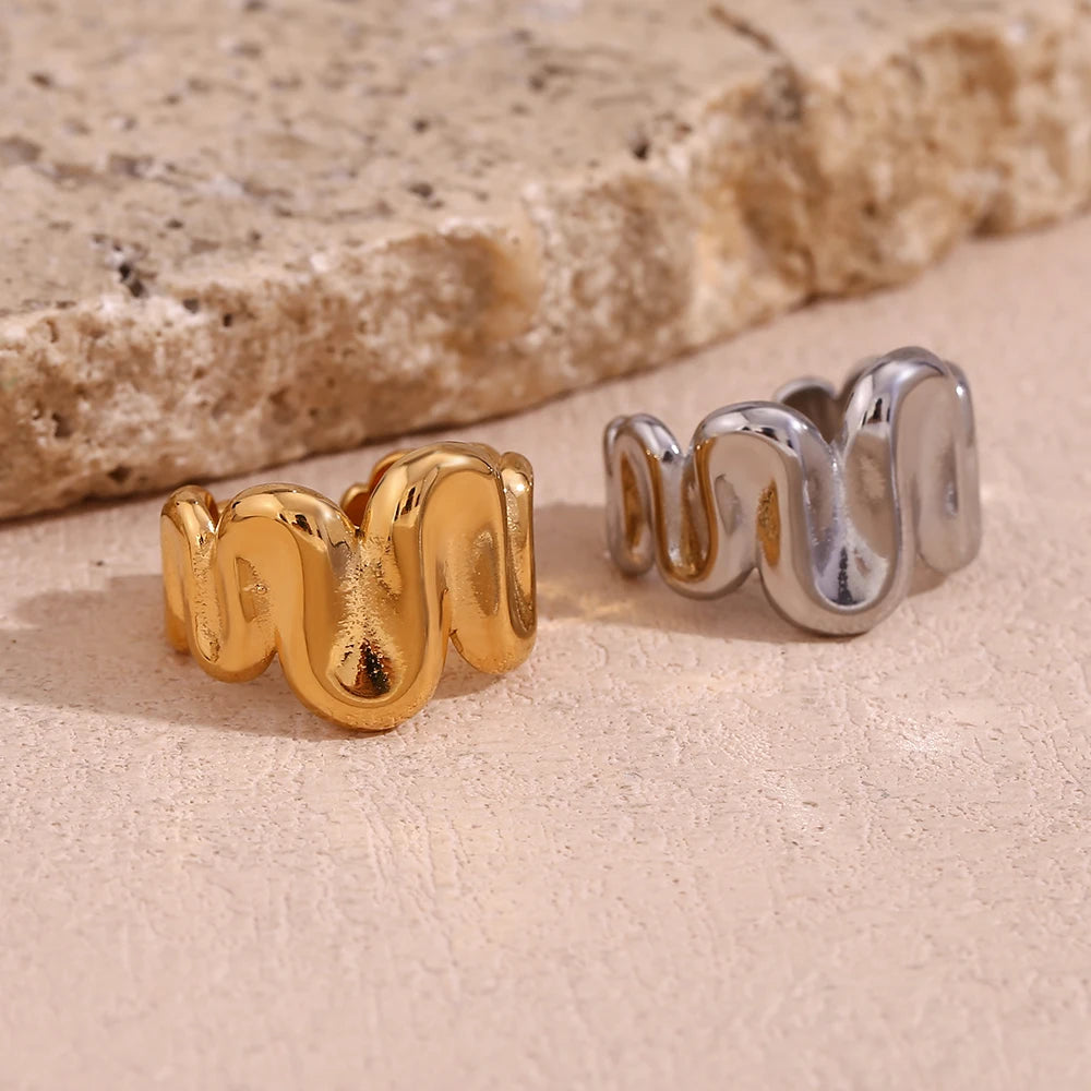 Wave Spring Adjustable Open Ring - Gold Plated, Hypoallergenic, Water Resistant