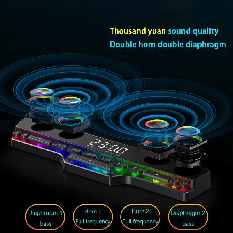 4000mAh 3D Stereo Sound Box: Bluetooth Soundbar with Powerful Subwoofer, USB & AUX Connectivity, FM Radio & Clock