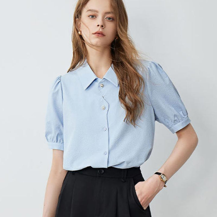 Summer French-Style Petal Placket Bubble Sleeve Top