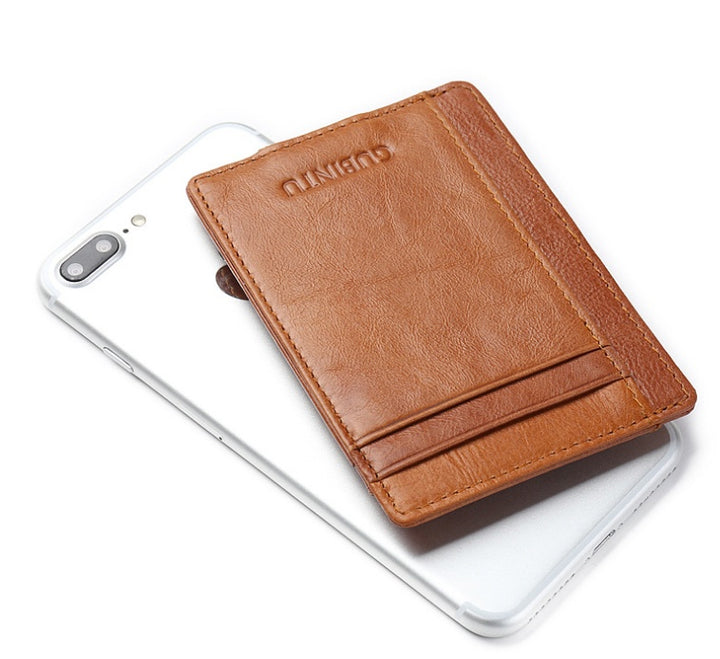 Fashion Men Magnet Money Clip Thin Credit Card Holder Genuine Leather Front RFID Pocket Wallet Blocking