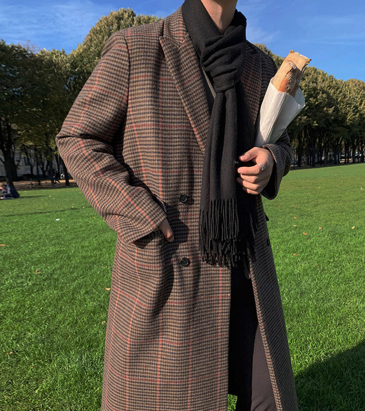 Woolen Plaid Medium Length Coat