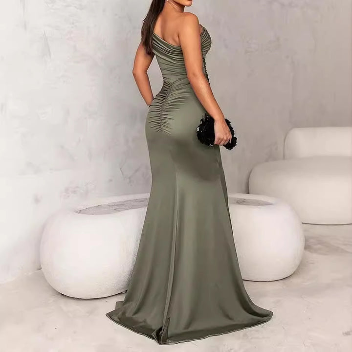 Summer New Off-shoulder Solid Color Slit Dress