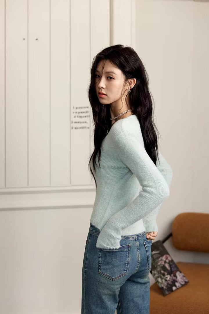 Women's Asymmetric Casual Knitted Sweater with Square Neck – Fall/Winter 2024