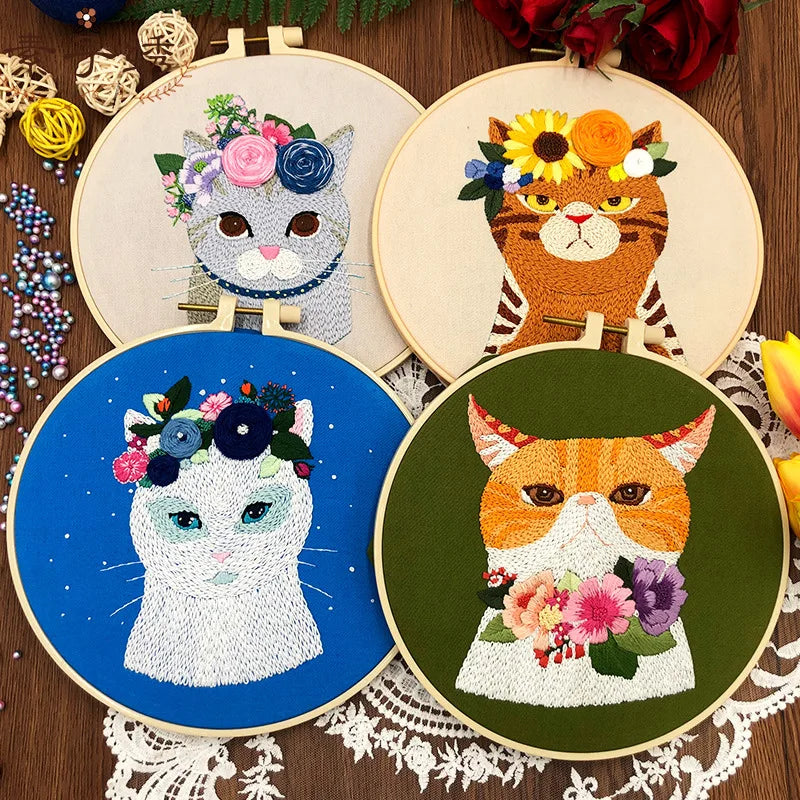 DIY Cat Embroidery Starter Kit with Hoops & Threads for Beginners