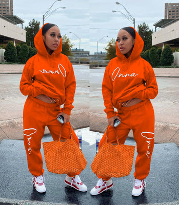 European And American Fashion Women's Wear Drawstring Printed Hooded Long Sleeve Trousers Two-piece Set