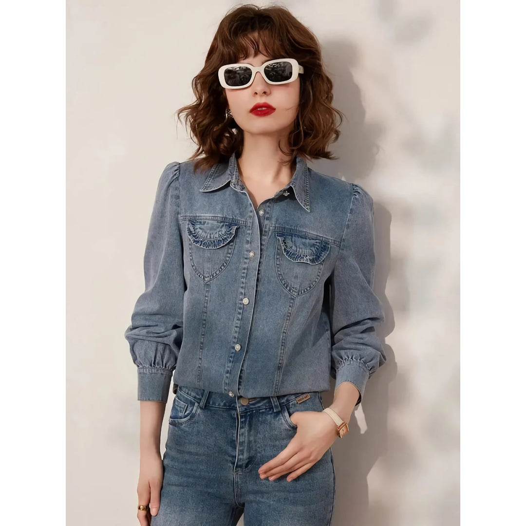 Chic Turn-Down Collar Denim Blouse for Women