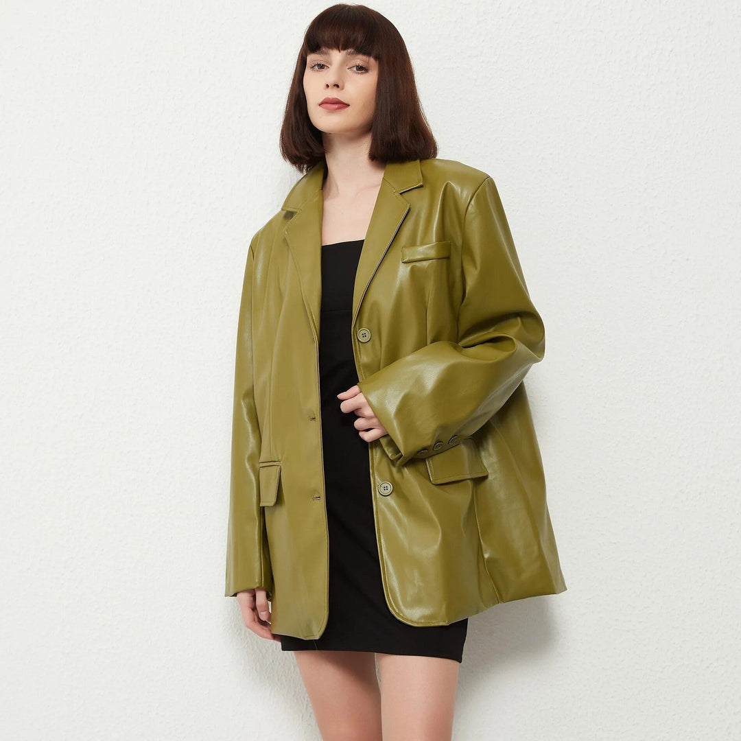 Leather Blazer Coat - Vintage Green Single Breasted